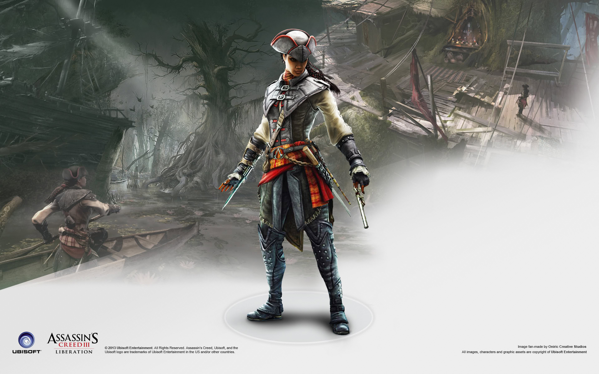 A female character in pirate attire holding a sword, with a foggy, shipwrecked background.