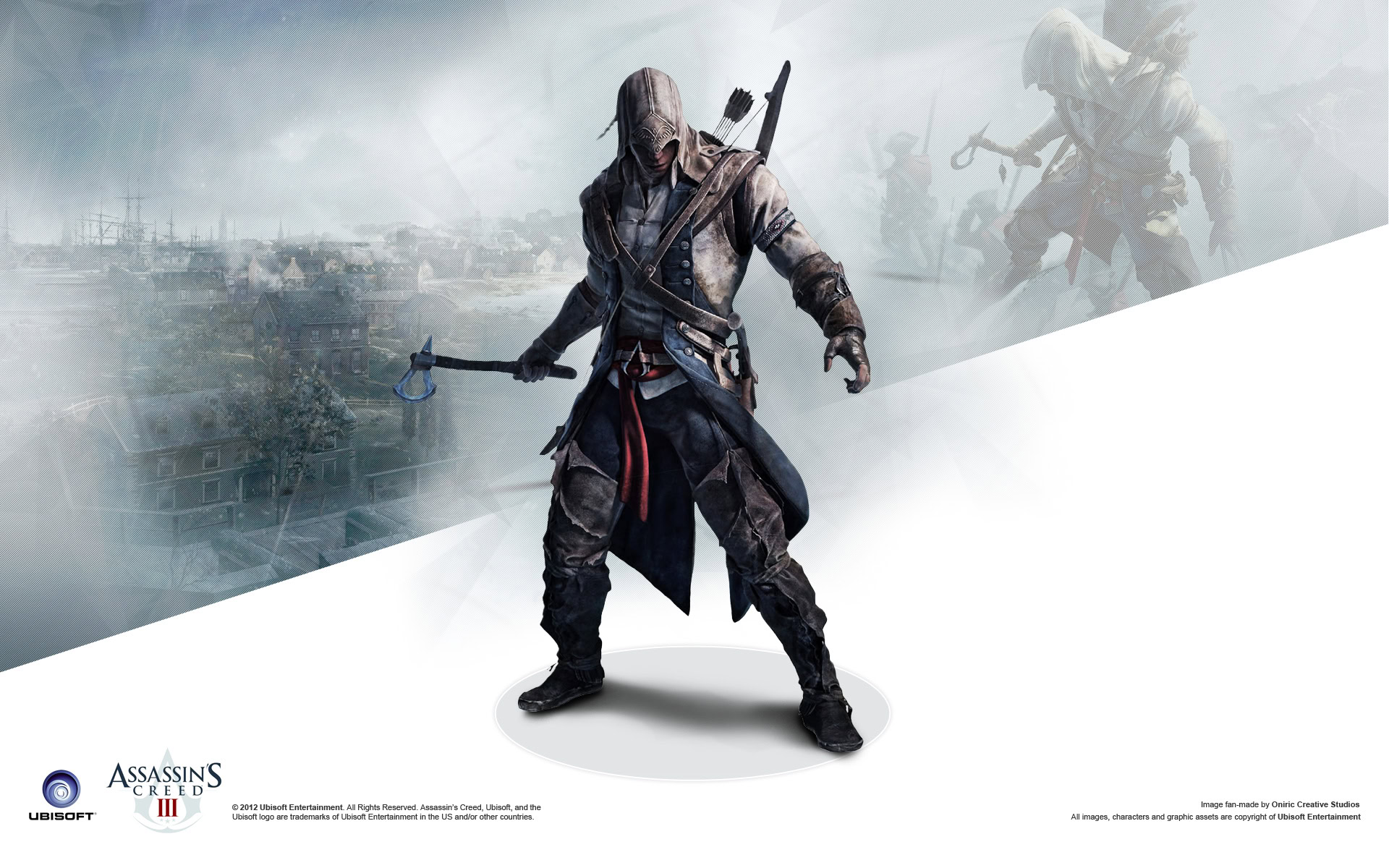 A dark-clad assassin character holding a dagger, with a foggy battlefield and zombie figures in the background.