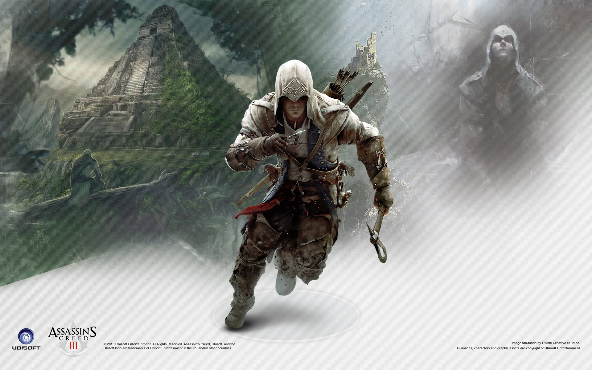 A stealthy assassin in ancient Mayan ruins with a mysterious figure in the background.