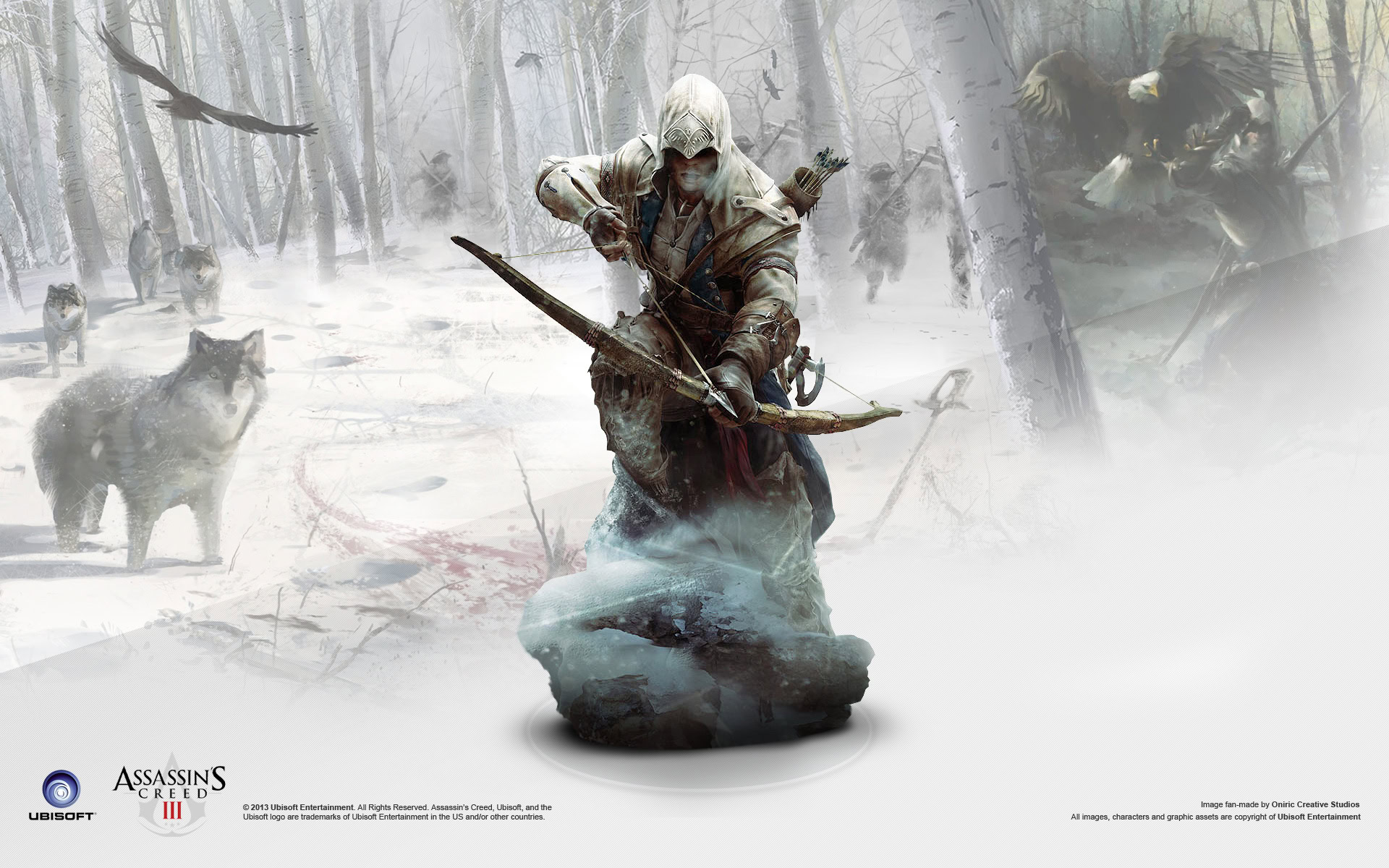 A soldier kneels on a snow-covered ground in a forest, surrounded by wolves and a large bird of prey.