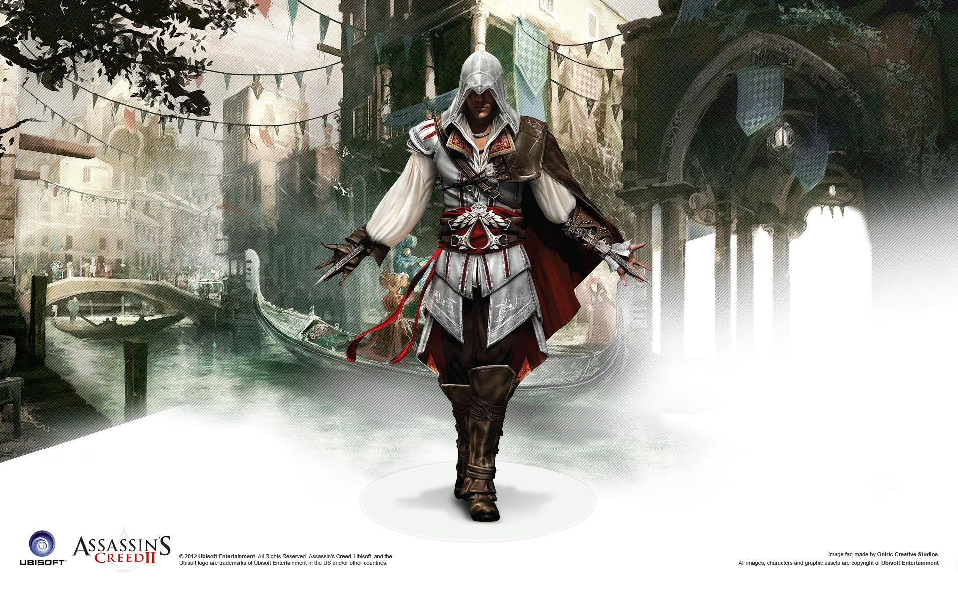 A stealthy assassin in a hooded cloak walks through a foggy, historic city canal scene with old buildings and boats.