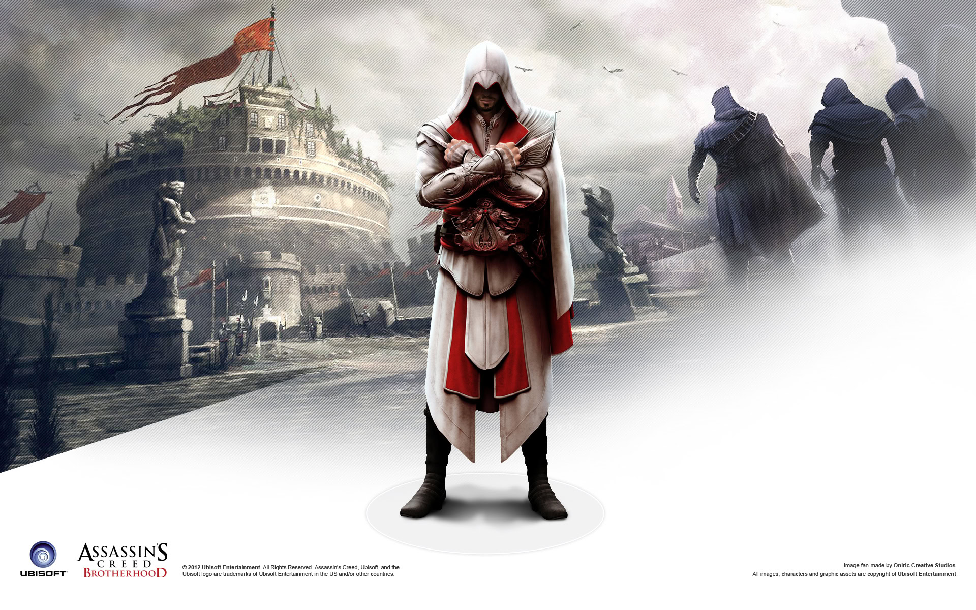 A hooded figure stands with arms crossed in front of a fortress with statues and a cloudy sky.