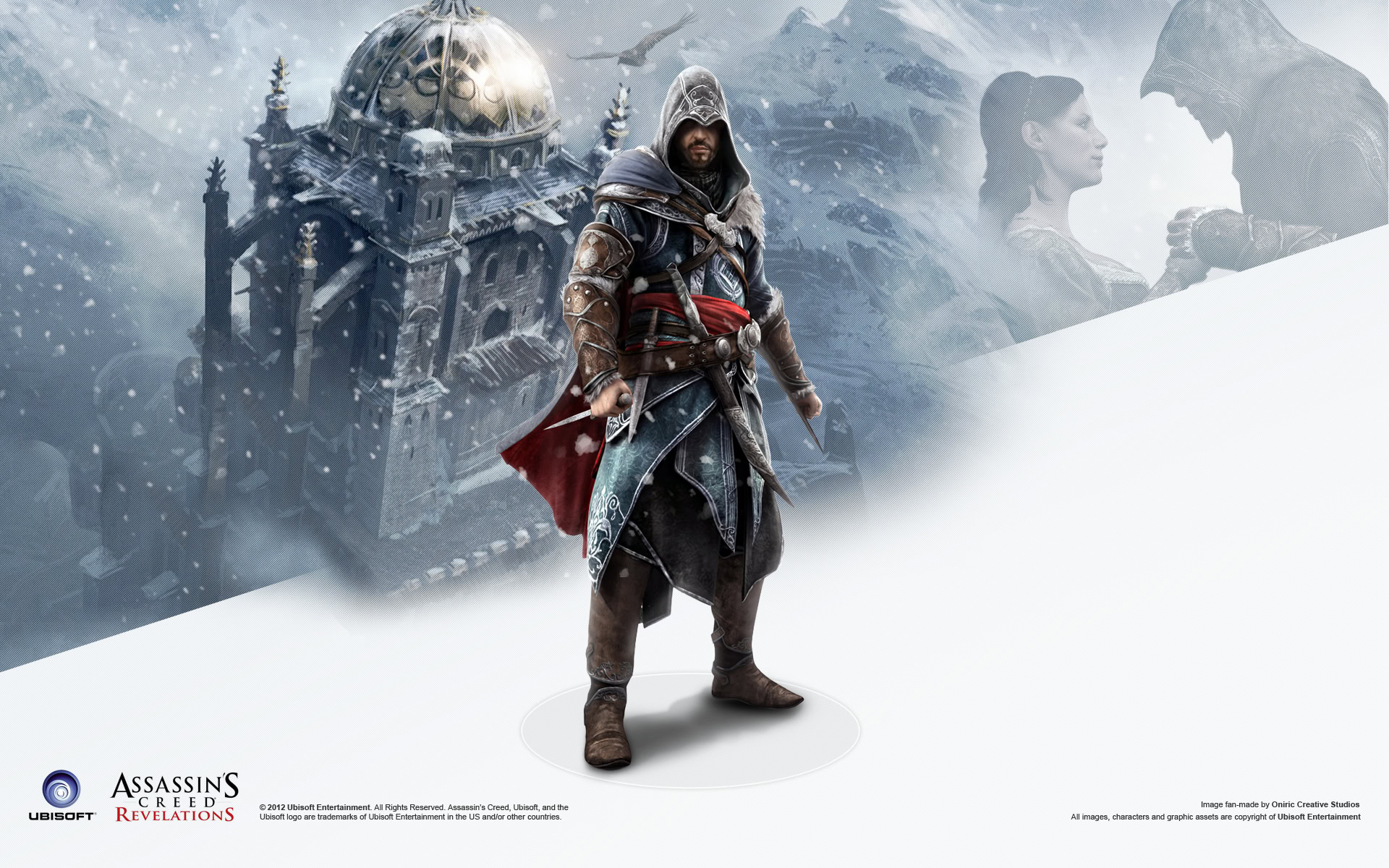 A lone assassin in medieval attire stands in a snowy landscape with a ruined building in the background.