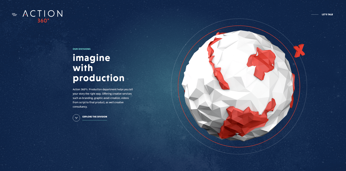 A 3D geometric globe with red and white continents on a dark blue background, featuring digital design elements.