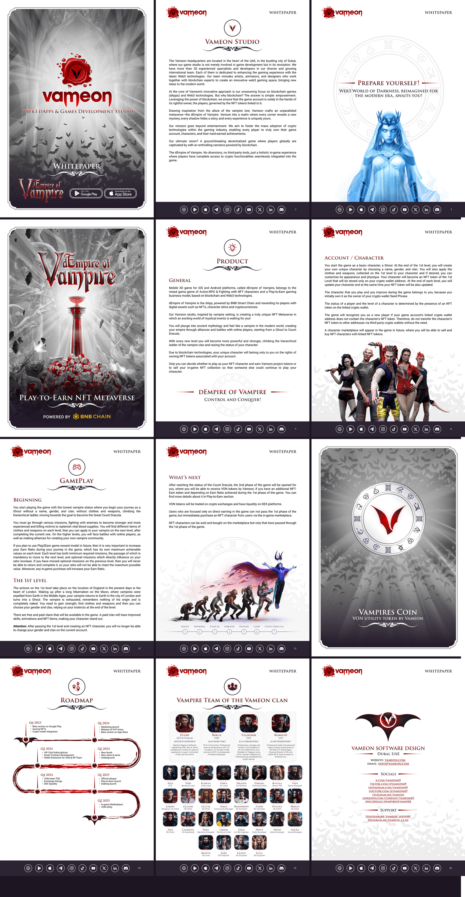 Vampire-themed promotional materials including posters, a letter, a group photo, and a coin with vampire imagery and branding.