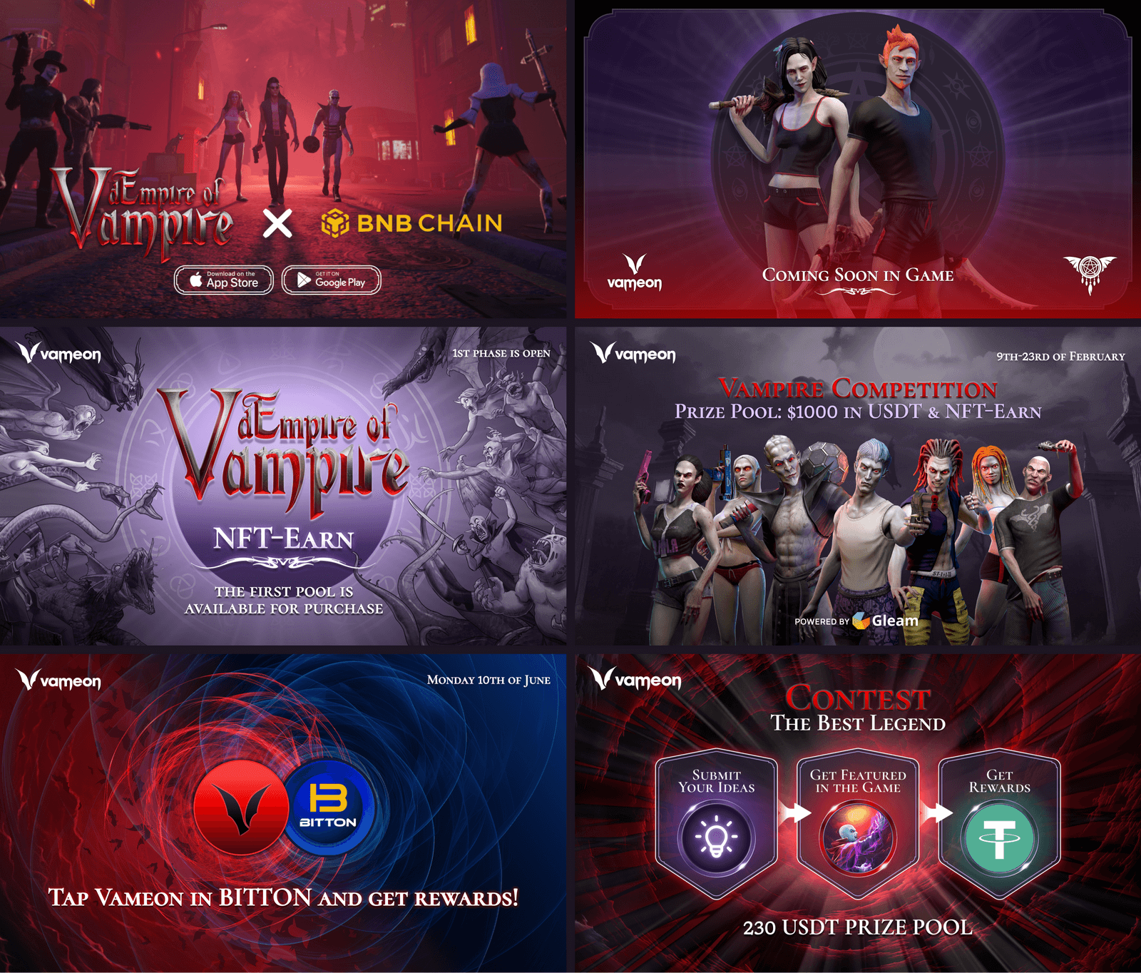 A group of animated characters and promotional graphics for a vampire-themed game event and contest.