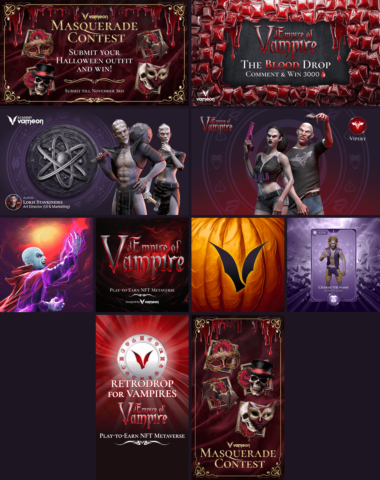 Vampire-themed digital artwork featuring characters, promotional banners, and Halloween costumes related to vampire contests and events.