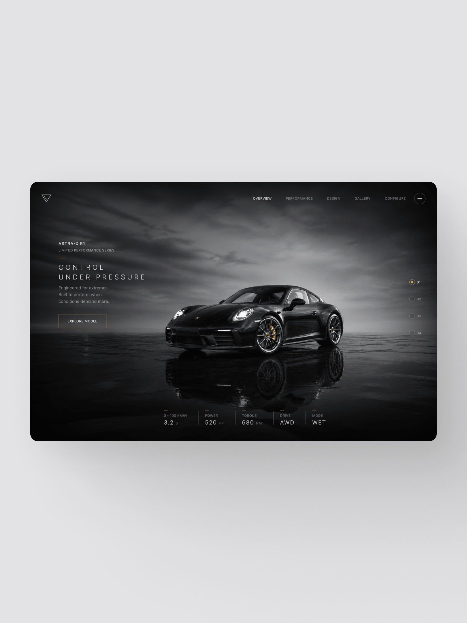 A sleek black sports car displayed on a digital control interface with various performance metrics.