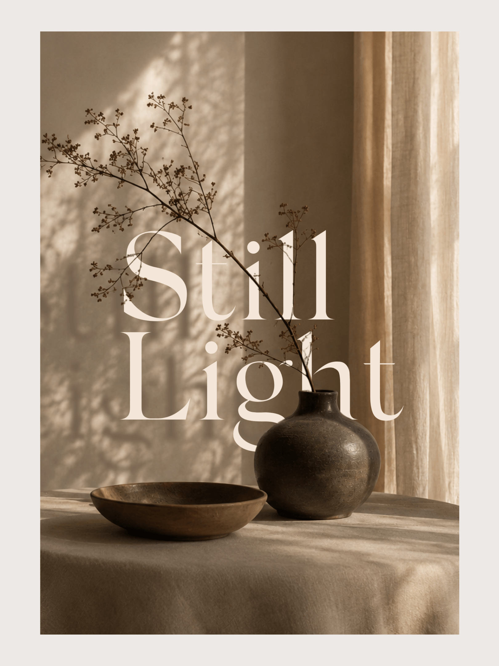 A sepia-toned still life with a vase, a bowl, and a branch, illuminated by soft natural light.