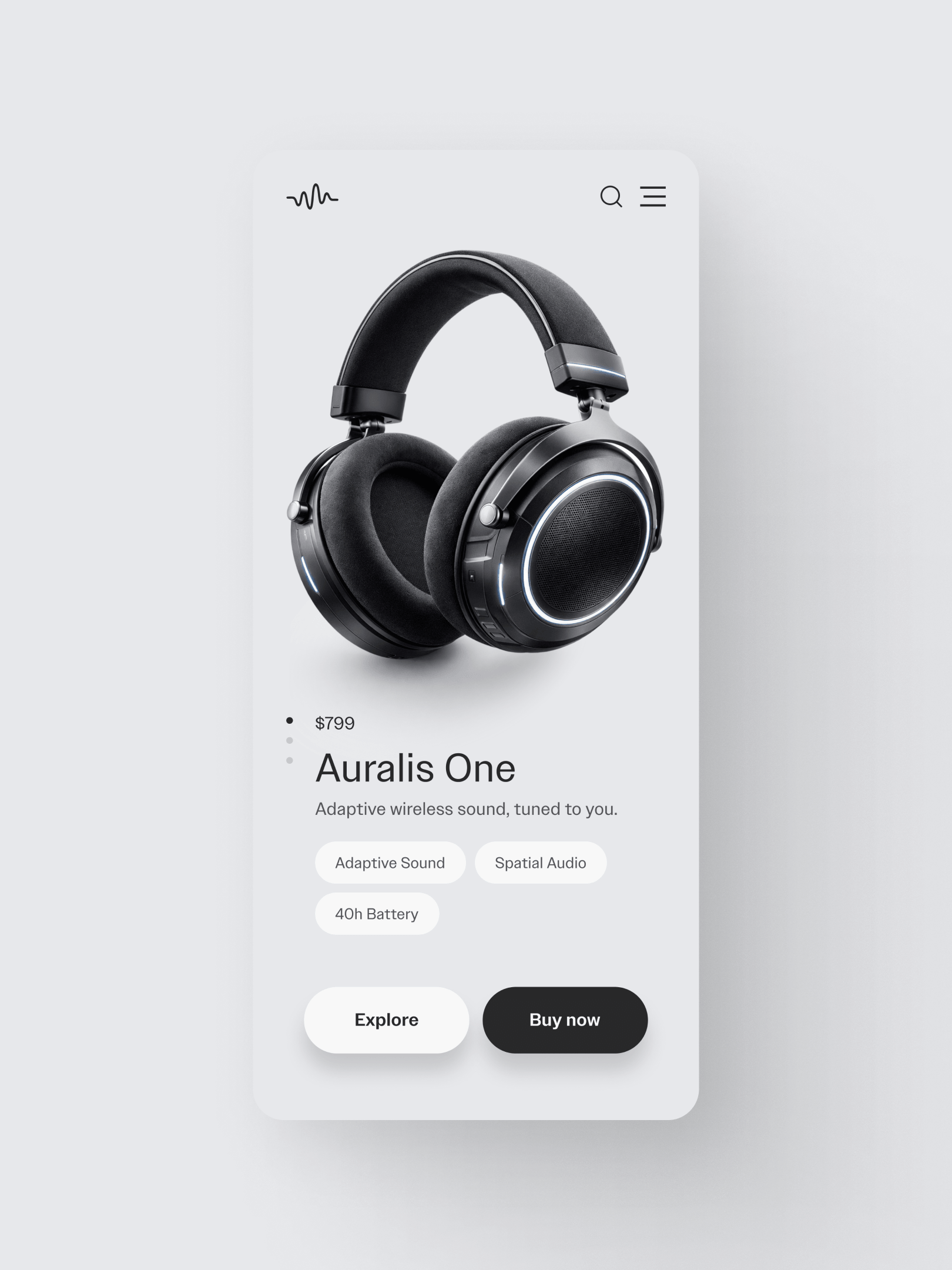 Auralis One wireless headphones displayed on a mobile app screen with options for sound settings and purchase.