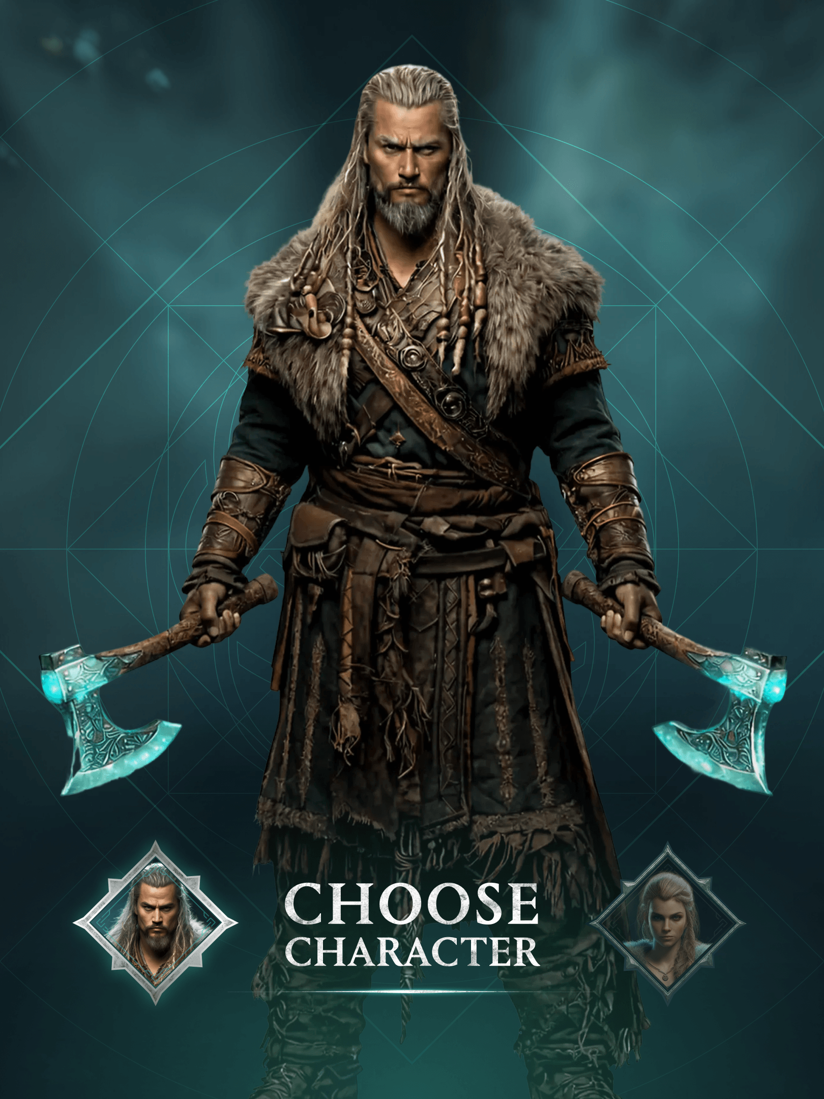 A fierce warrior with long grey hair and beard, dressed in fur and leather, holding two glowing axes.