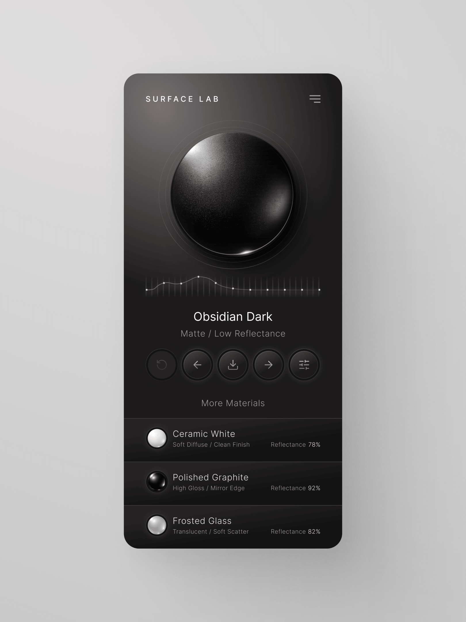 A dark, circular object on a mobile screen with material options and reflectance details.