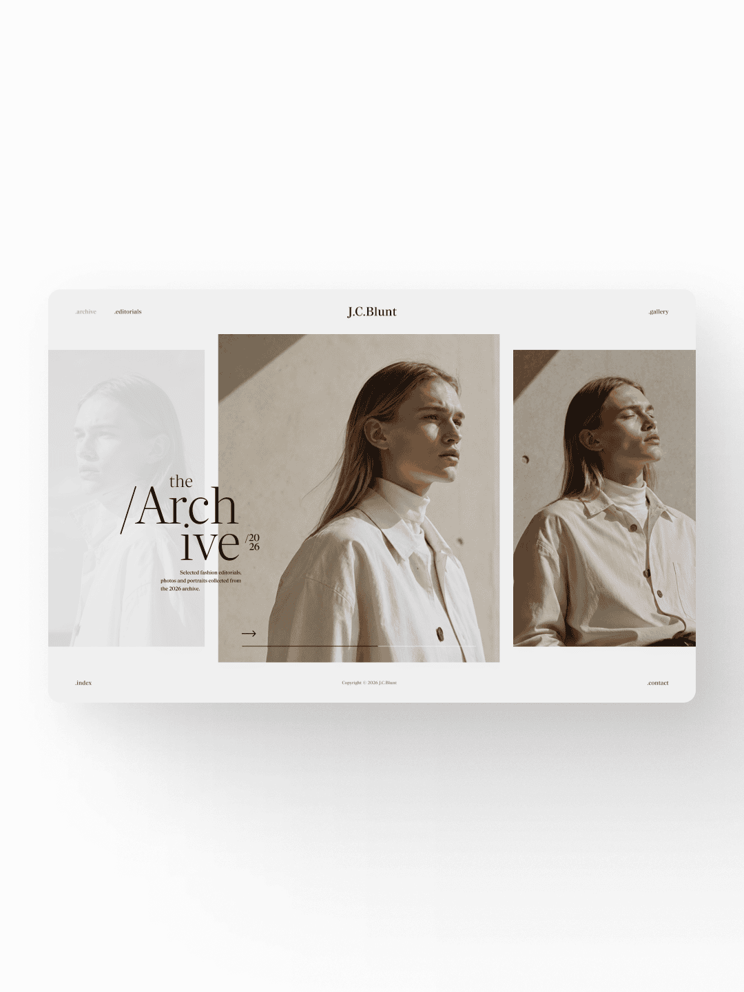 A website homepage featuring a minimalist design with a large central image of a woman in a white shirt, and text about architecture on the left side.