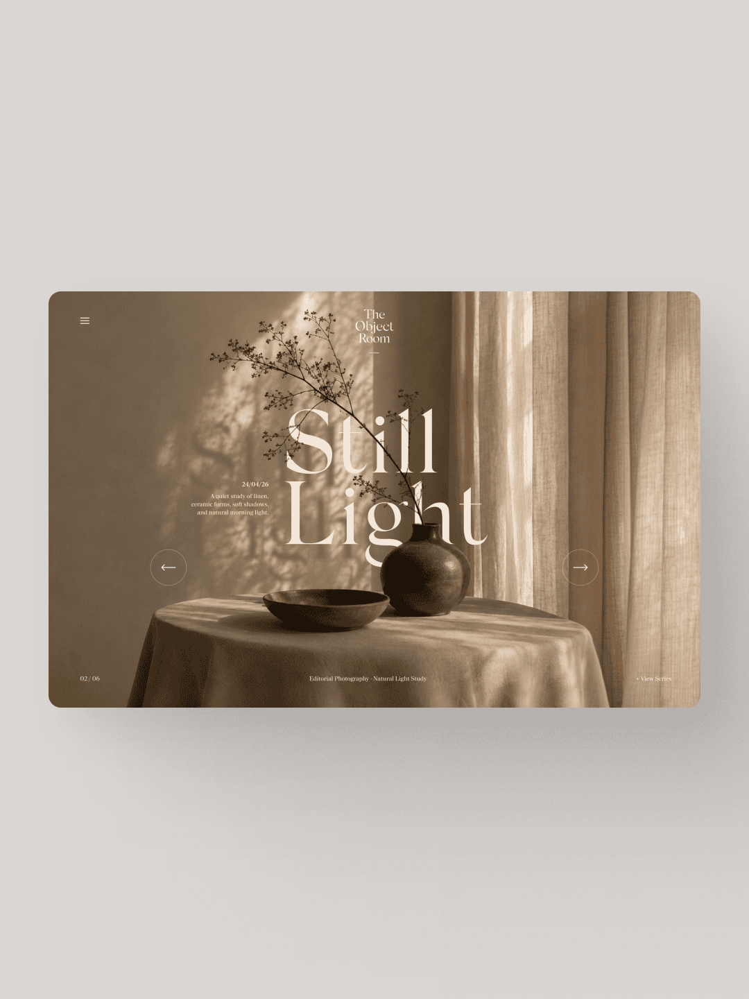 A still life image of a table with a vase, bowl, and dried flowers in front of beige curtains, with the text 'Still Light' overlayed.