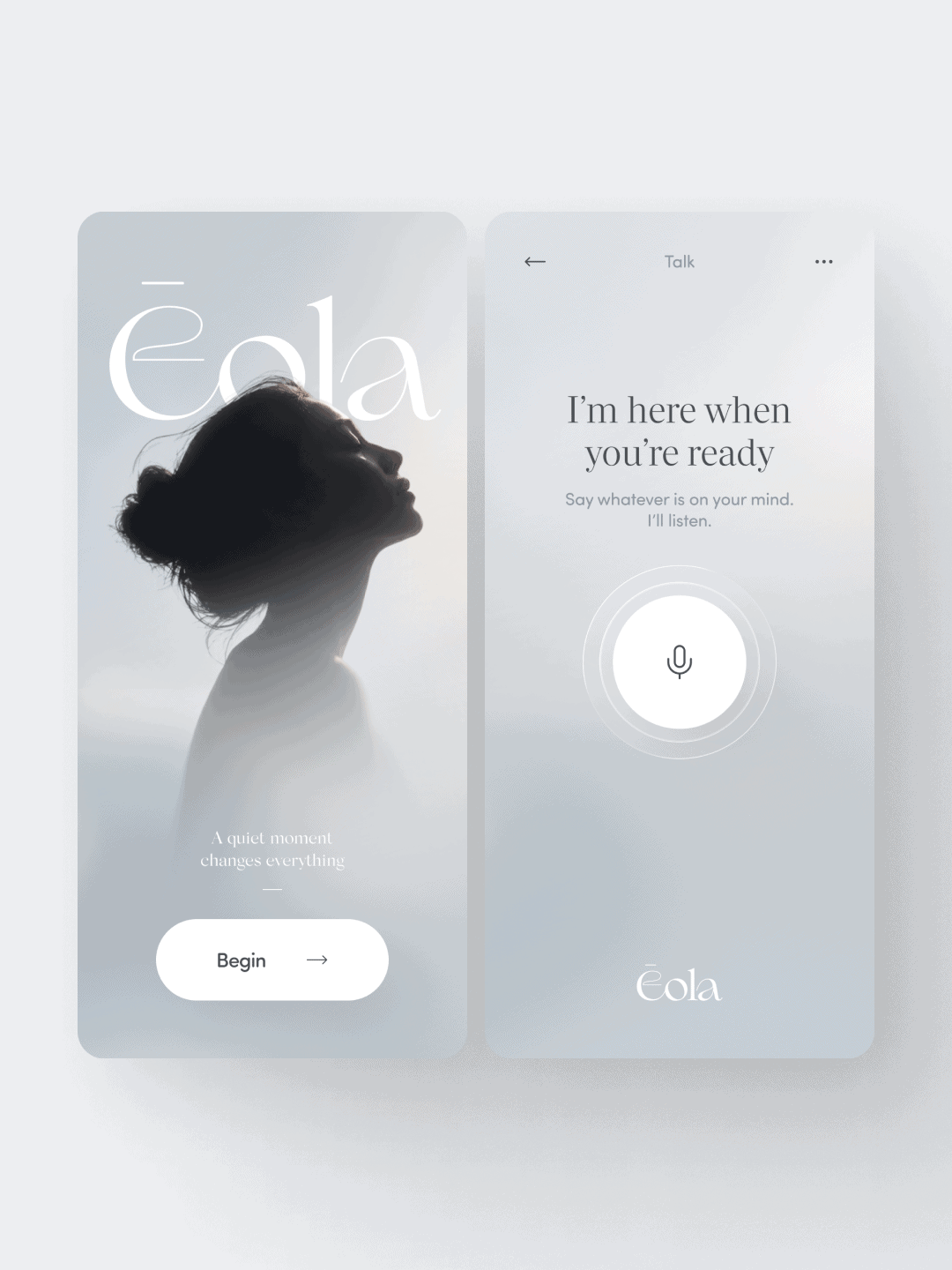 Silhouette of a woman with her hair in a bun next to a mobile app screen with a microphone icon and text about listening.