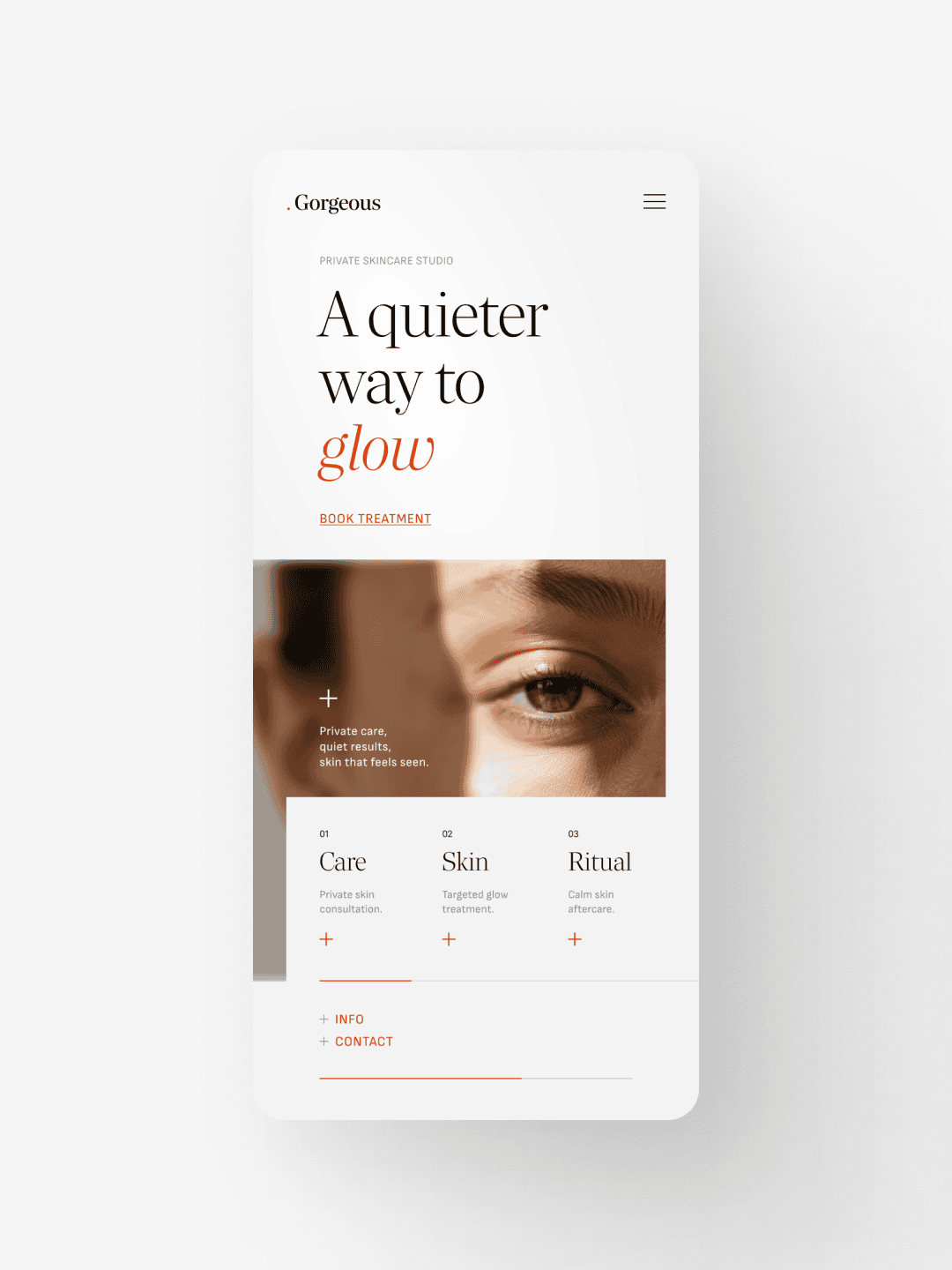 Mobile screen showing a skincare website with a close-up of an eye and options for Care, Skin, and Ritual treatments.