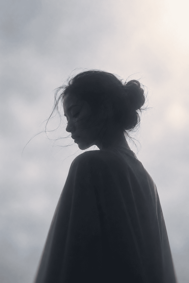 A woman with dark hair in a bun stands outdoors against a cloudy sky, looking downward.