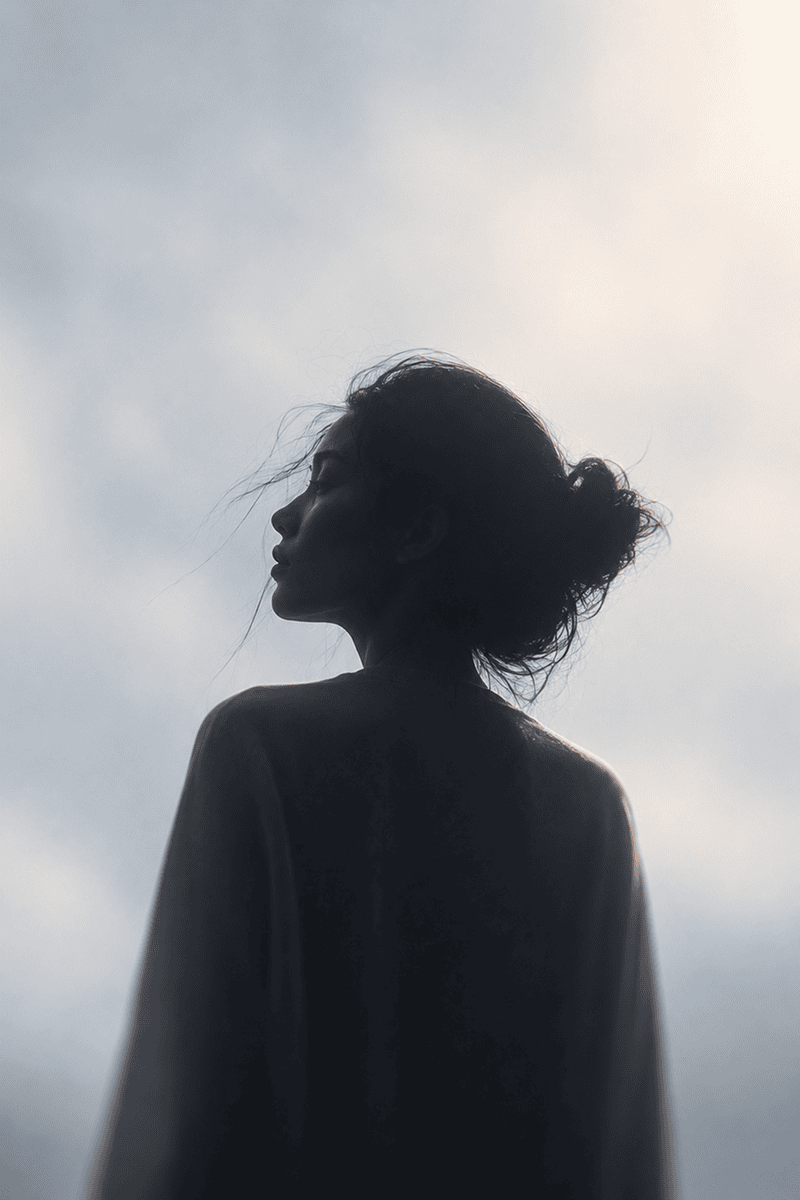 Silhouette of a woman with curly hair against a cloudy sky, facing left.