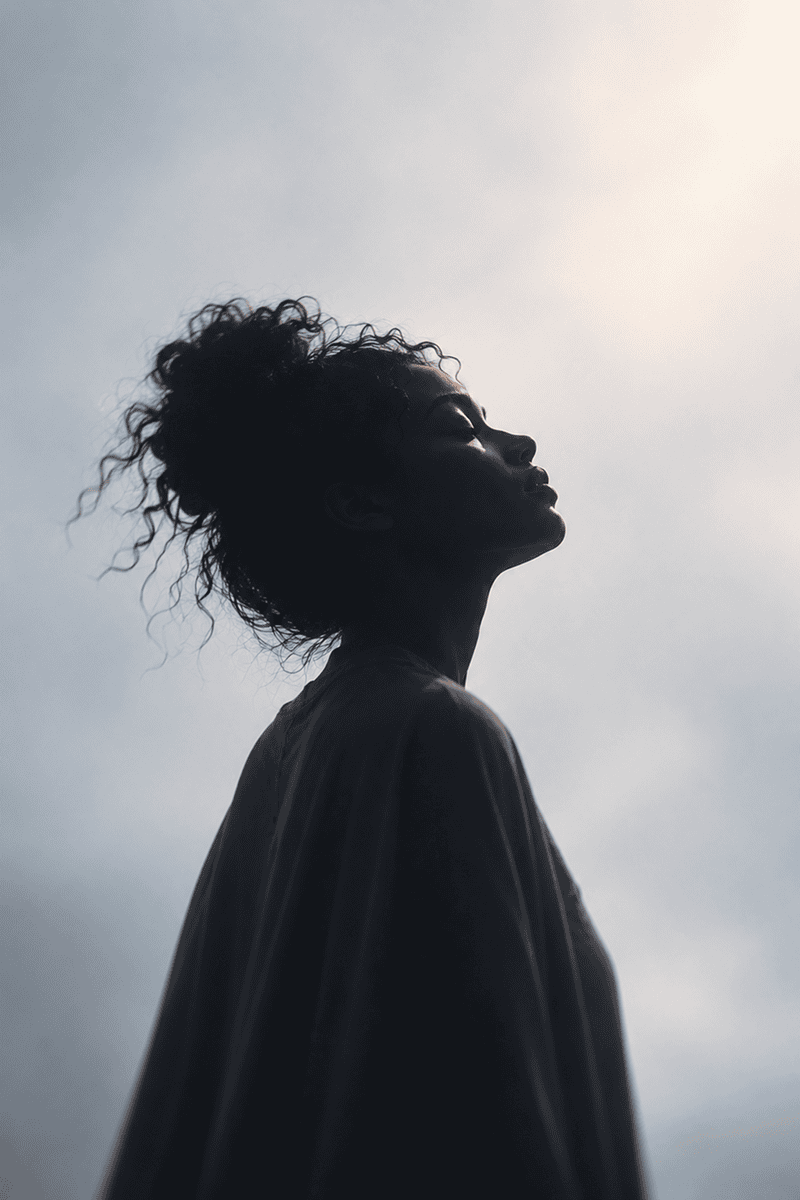 Silhouette of a woman with curly hair against a cloudy sky, looking upwards.