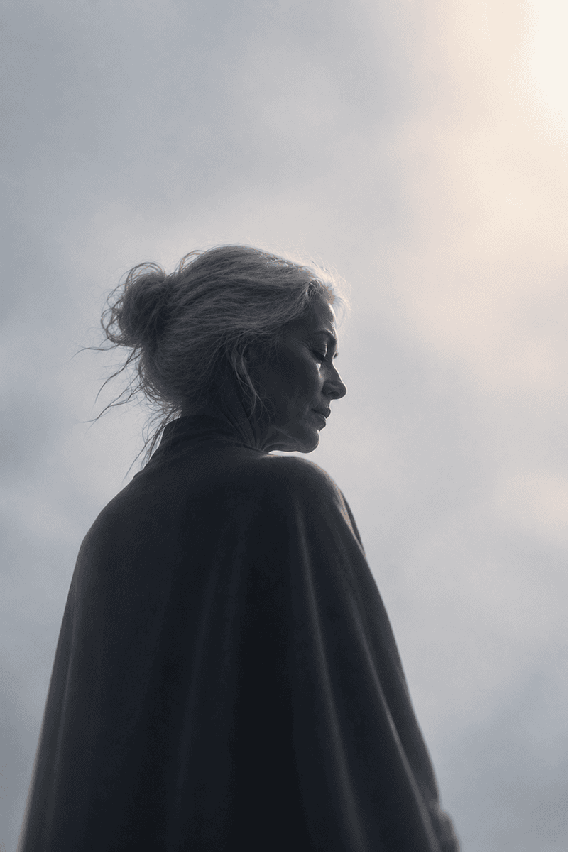 Profile of an elderly woman with grey hair in a bun, wearing a dark coat, against a cloudy sky background.