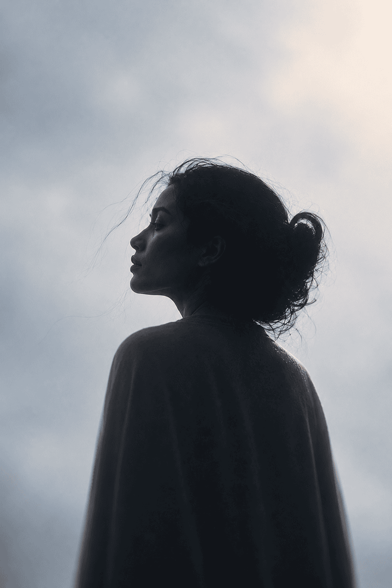Silhouette of a woman with curly hair against a cloudy sky, looking to the side.