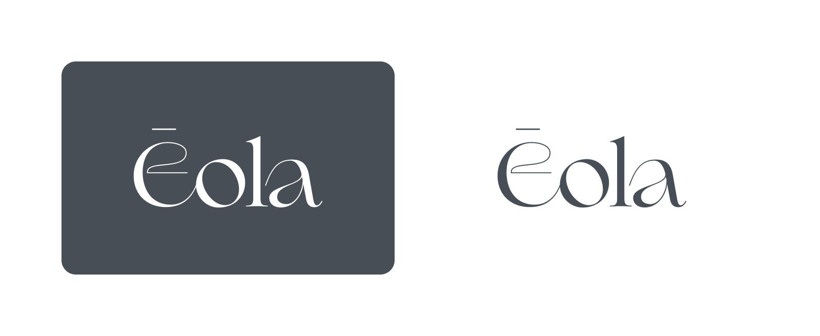 Two logos with the word 'éola', one on a dark grey background and one on a white background.