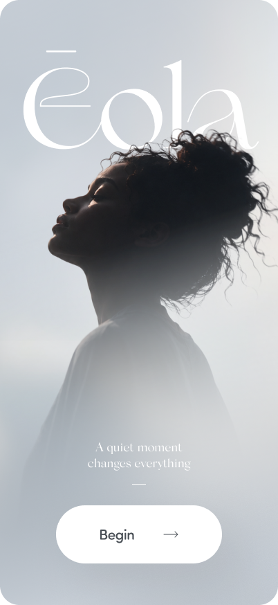 Silhouette of a woman with curly hair against a light background, with the word 'éola' and a 'Begin' button.