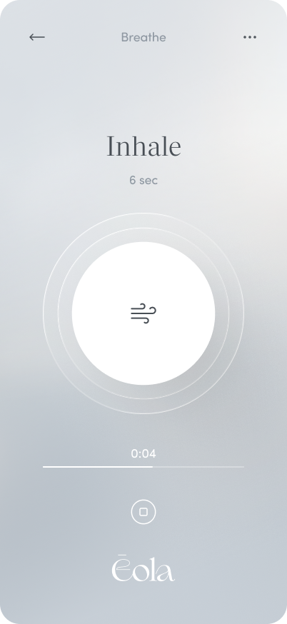 Mobile app screen showing a breathing exercise with a large circle and the word 'Inhale' at the top.