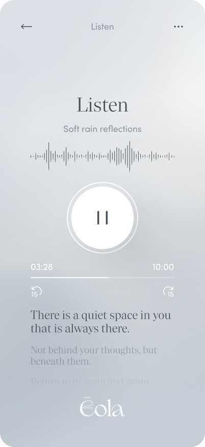A mobile app screen showing a 'Listen' feature with a play button, progress bar, and a quote about quiet space.