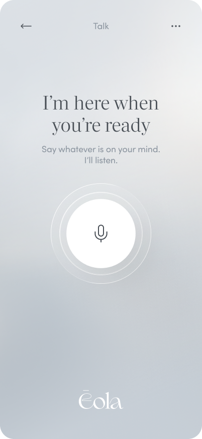 A smartphone screen displaying a voice assistant app with a microphone icon and the text 'I'm here when you're ready'.