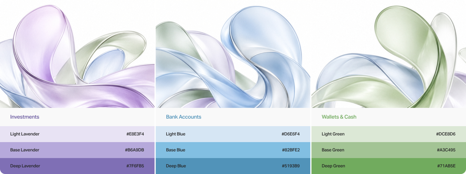 Abstract swirling shapes in pastel shades of lavender, blue, and green on a white background.