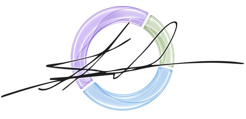 A colourful circular logo with overlapping segments in purple, green, and blue, and a stylised black signature across it.