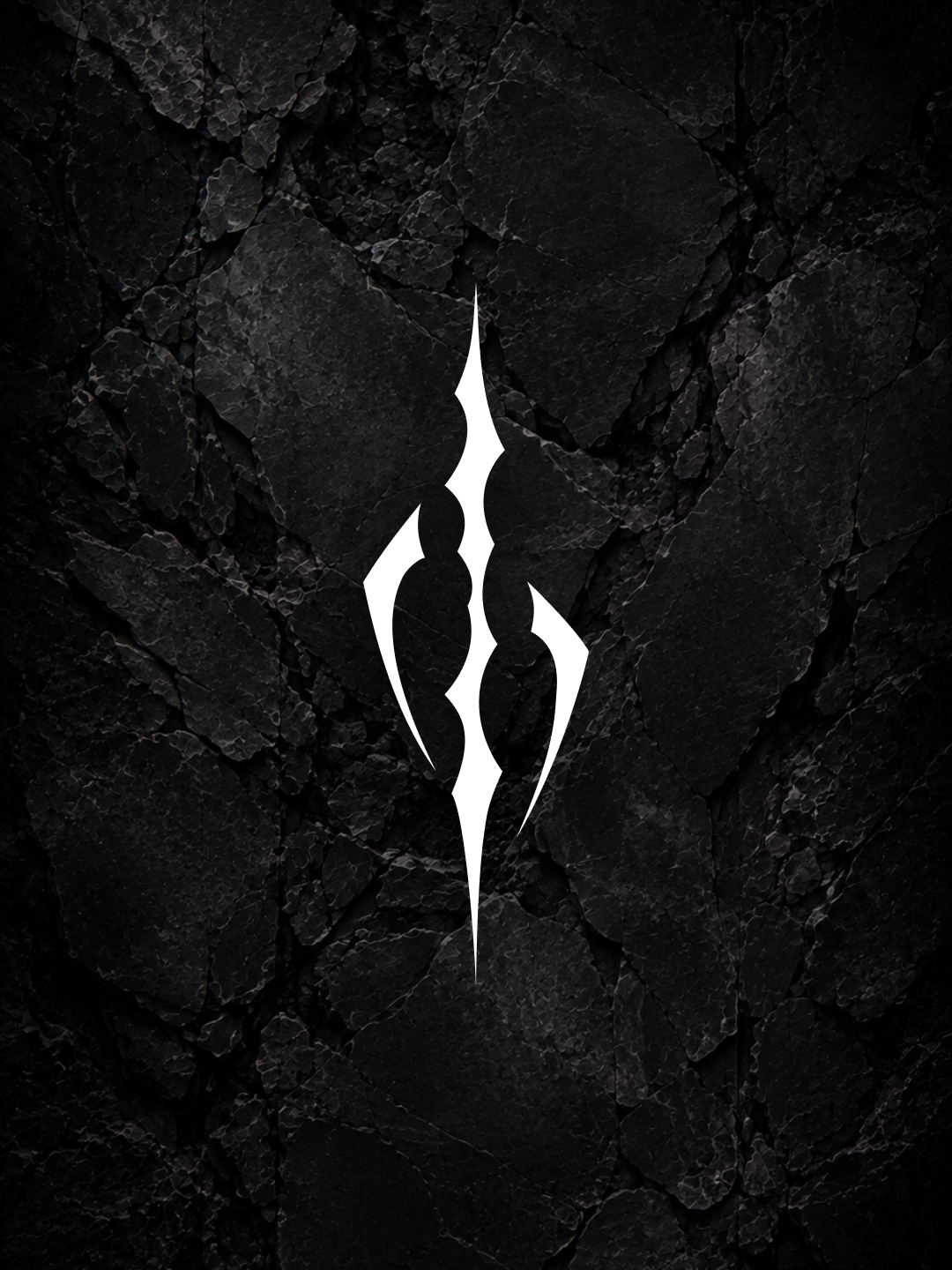 A white, symmetrical, tribal-style symbol on a cracked black stone background.