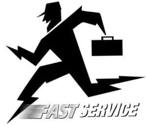 Silhouette of a person running with a briefcase, accompanied by the words "FAST SERVICE" in bold, stylized text.