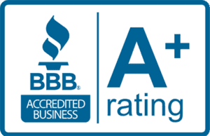 BBB Accredited Business logo with an A+ rating displayed in blue text.