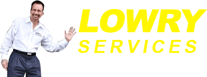 A man in a white shirt and dark pants waves next to the bold yellow text "LOWRY SERVICES" on a black background.