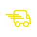 A simple yellow icon of a delivery truck with speed lines, set against a black background.