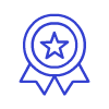 Blue outline of an award ribbon with a five-pointed star in the center and two ribbon tails hanging below.