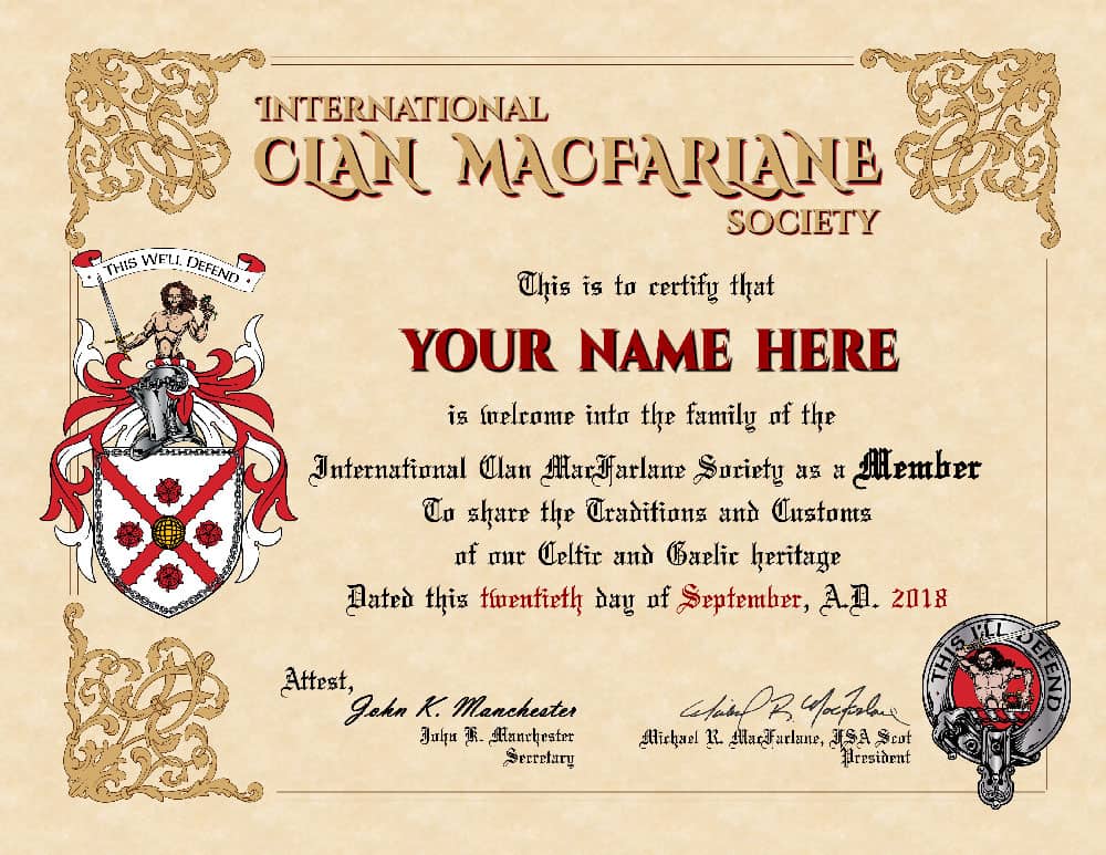 Clan MacFarlane Membership Certificate