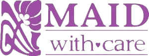 Maid with Care logo featuring a stylized cleaning lady and purple text.