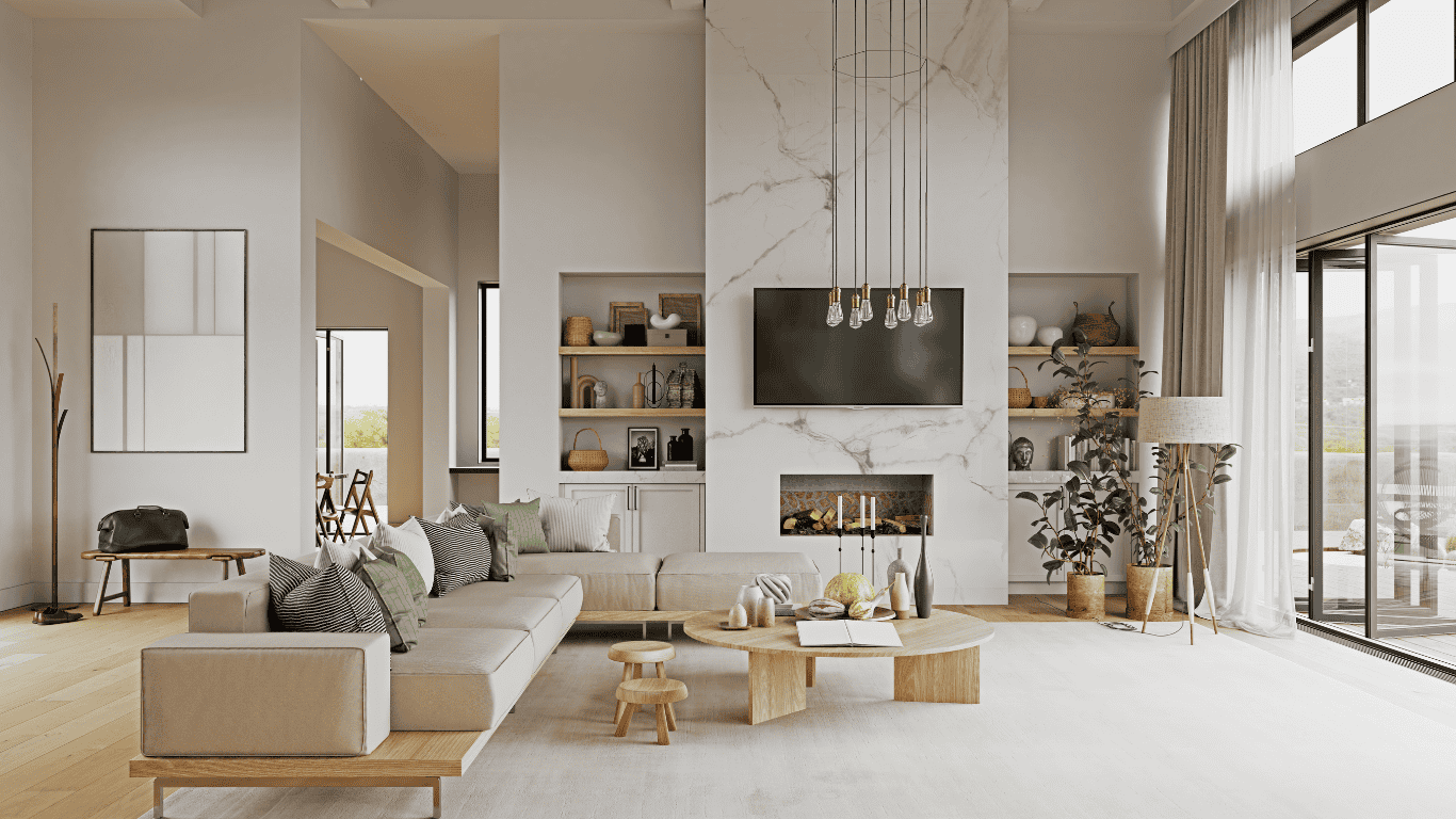 Spacious modern living room with fireplace, large windows, and minimalist decor.