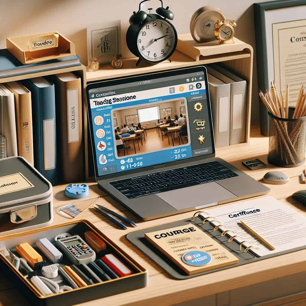 Et eksempel på et AI genereret billede af en studerendes skrivebord. På skrivebordet er der en laptop og en notesbog med emnet Certificering.