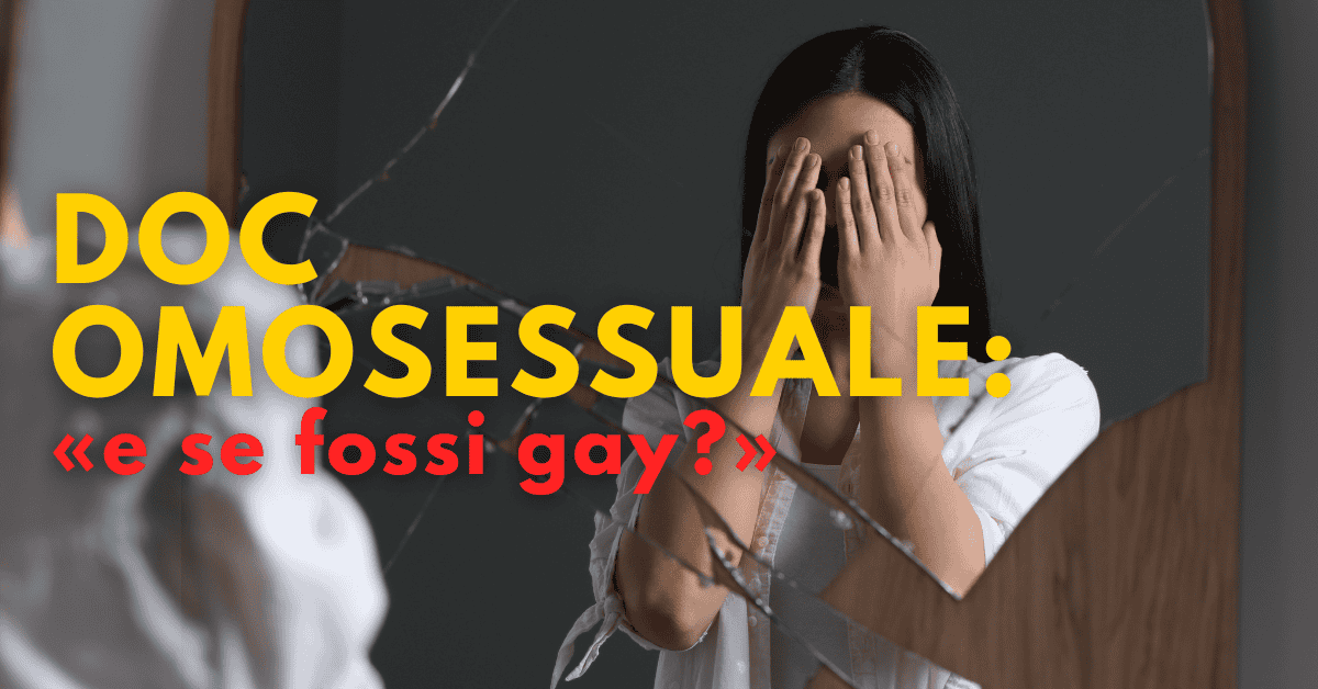 Donna davanti a specchio rotto, mani sul viso, simboleggia il doc omosessuale e la paura di essere gay.