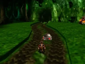 Gameplay de Banjo-Tooie para Nintendo 64 mostrando a Banjo y Kazooie explorando un mundo 3D colorido