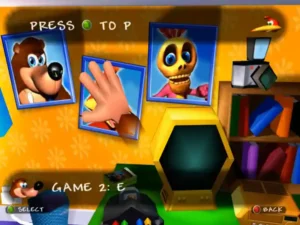 Pantalla inicial del juego Banjo-Tooie en Nintendo 64, mostrando el logotipo clásico y menú principal