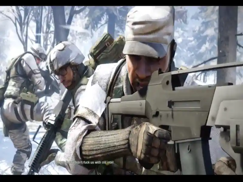 Escena de la campaña de Battlefield: Bad Company 2 para PS3 con el escuadrón Bad Company en misión