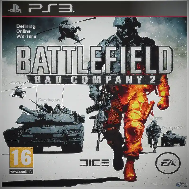 ortada oficial del juego Battlefield Bad Company 2 PS3 con arte de guerra realista.