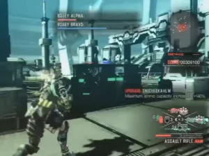 Escena de batalla contra jefe final en Vanquish PS3 con efectos de cámara lenta y explosiones futuristas
