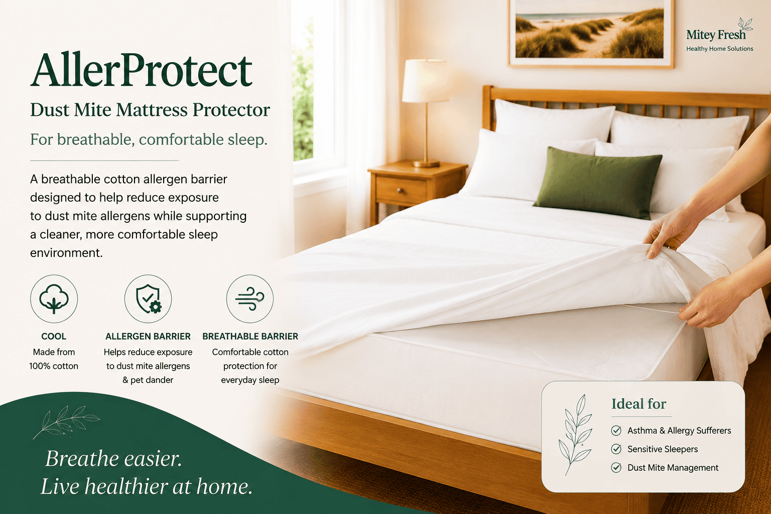 AllerProtect Dust Mite Mattress Protector fitted over a mattress beneath everyday bedding