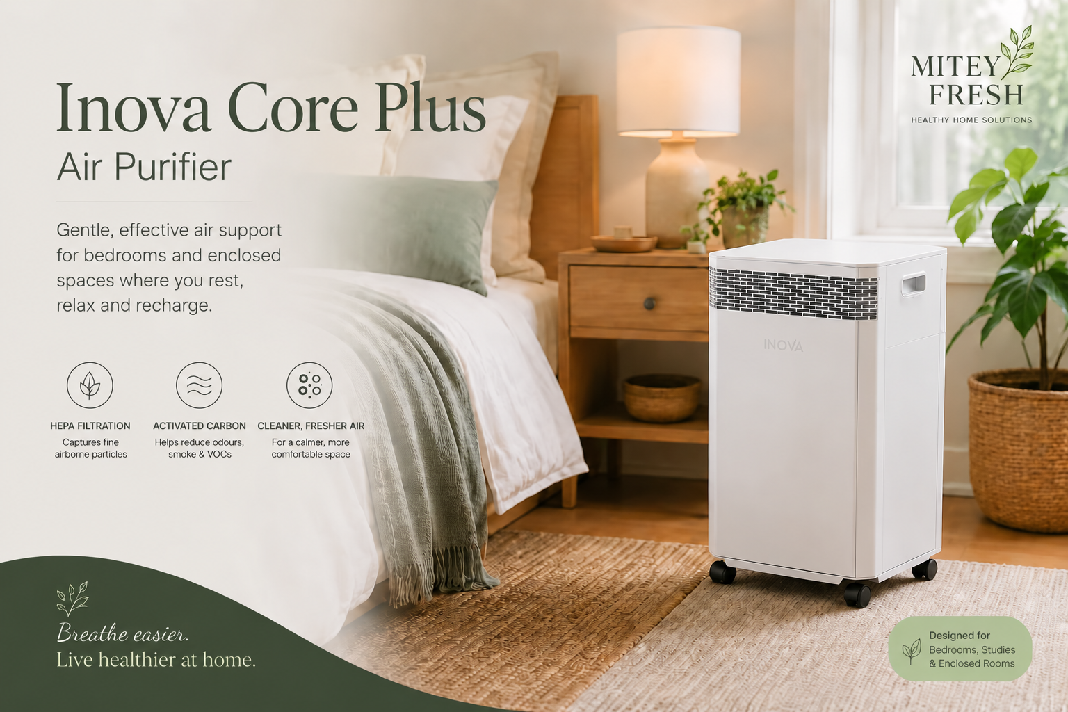 INOVA Core Plus air purifier supporting cleaner indoor air in a bedroom